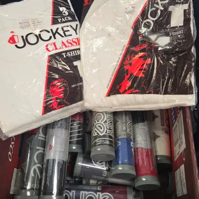 LOT 57: Multiple Packages of Jockey Elance Men’s Tube Bikini Underwear Sizes Medium, Large, & XL and Classic Tshirts/ NIP