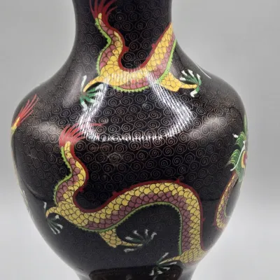 LOT 124: Vintage Chinese Cloisonne Enamel Vase on a Carved Wooden Display Stand