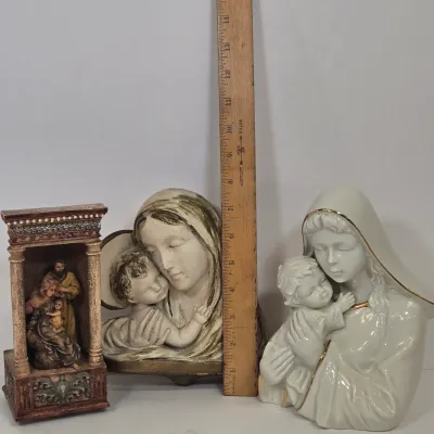 LOT 50: Holy Family Music Box Figurine, Vintage Mikasa Holiday Elegance Madonna and Child Porcelain Figurine, and Madonna and Child Wall...