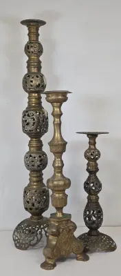 LOT 70: 2 Vintage Filigree Brass Candlestick Holders/ 33" & 17" and Baroque-style Brass Altar Candlestick/ 23"