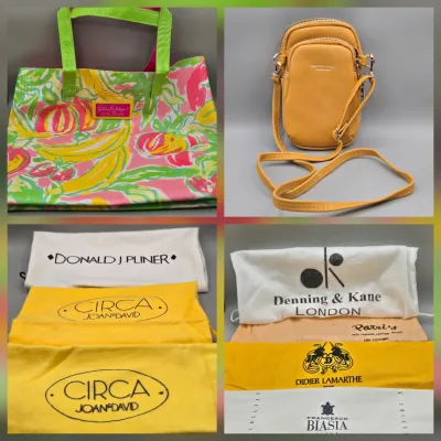 LOT 153: Lilly Pulitzer for Estée Lauder Tropical Print Tote Bag, Mustard Yellow Forever Young Crossbody Bag, and Multiple Storage Dust...