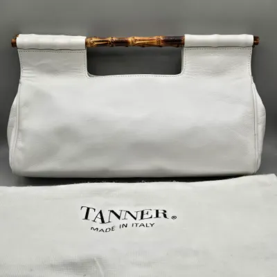 LOT 156: White Leather Handbag with a Bamboo Top Handle by Tanner Made in Italy