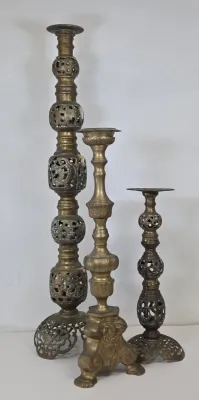 LOT 70: 2 Vintage Filigree Brass Candlestick Holders/ 33" & 17" and Baroque-style Brass Altar Candlestick/ 23"
