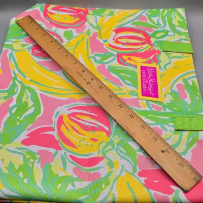 LOT 153: Lilly Pulitzer for Estée Lauder Tropical Print Tote Bag, Mustard Yellow Forever Young Crossbody Bag, and Multiple Storage Dust...