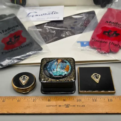 LOT 128: Two Silk Scarves Made in Italy in Original Packaging, Black Lacquer Trinket Box, Stratton Pill Box and Mirror Compact, and 4...