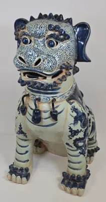 LOT 66: Large Nanking Blue and White Porcelain Chinese Foo Dog / 24" Tall