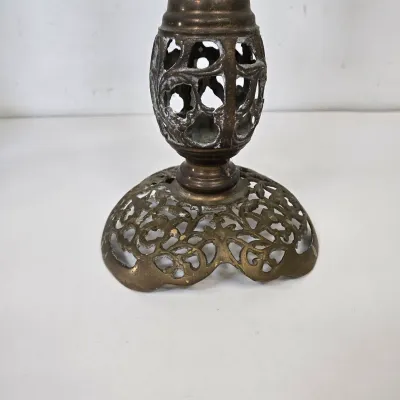 LOT 70: 2 Vintage Filigree Brass Candlestick Holders/ 33" & 17" and Baroque-style Brass Altar Candlestick/ 23"