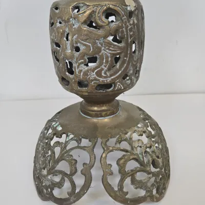 LOT 70: 2 Vintage Filigree Brass Candlestick Holders/ 33" & 17" and Baroque-style Brass Altar Candlestick/ 23"