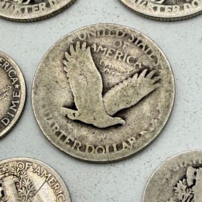 LOT 170: Vintage / Antique US Coins - Standing Liberty and 1930s Washington Quarters + Mercury Dimes - 90% Silver