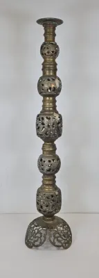 LOT 70: 2 Vintage Filigree Brass Candlestick Holders/ 33" & 17" and Baroque-style Brass Altar Candlestick/ 23"