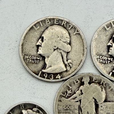 LOT 170: Vintage / Antique US Coins - Standing Liberty and 1930s Washington Quarters + Mercury Dimes - 90% Silver