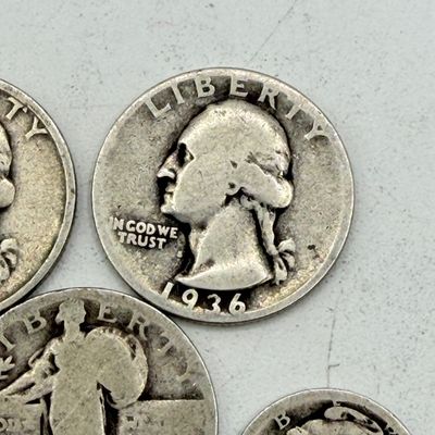 LOT 170: Vintage / Antique US Coins - Standing Liberty and 1930s Washington Quarters + Mercury Dimes - 90% Silver