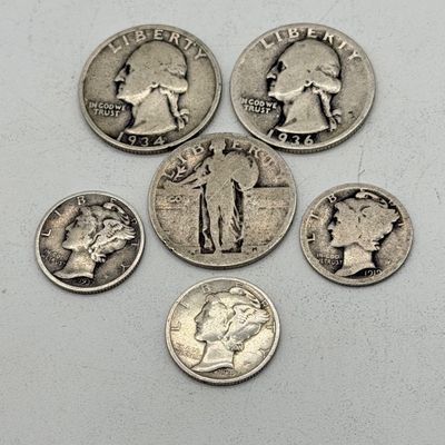 LOT 170: Vintage / Antique US Coins - Standing Liberty and 1930s Washington Quarters + Mercury Dimes - 90% Silver