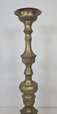 LOT 70: 2 Vintage Filigree Brass Candlestick Holders/ 33" & 17" and Baroque-style Brass Altar Candlestick/ 23"