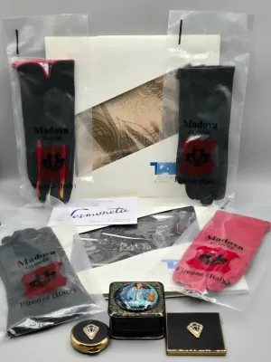 LOT 128: Two Silk Scarves Made in Italy in Original Packaging, Black Lacquer Trinket Box, Stratton Pill Box and Mirror Compact, and 4...
