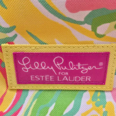 LOT 153: Lilly Pulitzer for Estée Lauder Tropical Print Tote Bag, Mustard Yellow Forever Young Crossbody Bag, and Multiple Storage Dust...