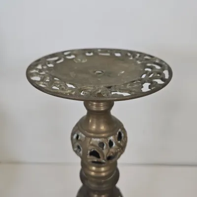 LOT 70: 2 Vintage Filigree Brass Candlestick Holders/ 33" & 17" and Baroque-style Brass Altar Candlestick/ 23"