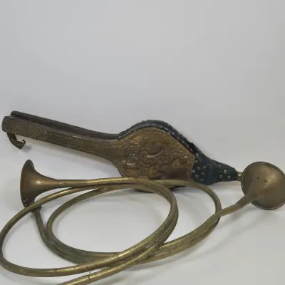 LOT 58: 2 Vintage Coiled Brass Hunting Horns and Fireplace Bellows Crafted from Wood and Brass