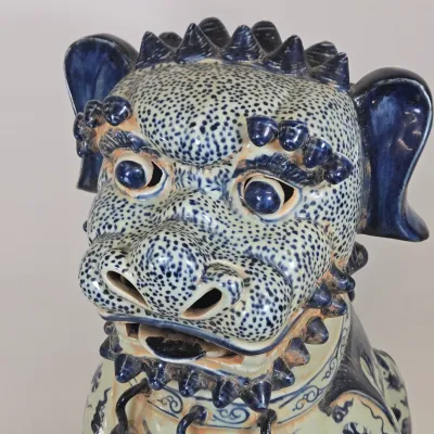 LOT 66: Large Nanking Blue and White Porcelain Chinese Foo Dog / 24" Tall