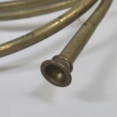 LOT 58: 2 Vintage Coiled Brass Hunting Horns and Fireplace Bellows Crafted from Wood and Brass