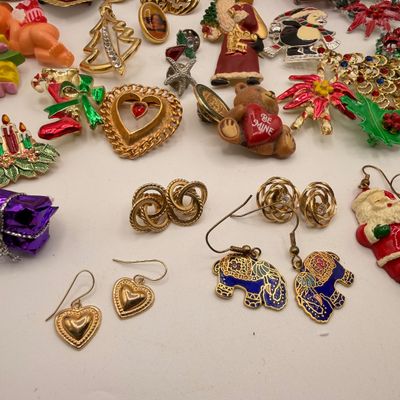 LOT 84: Big Lot of Holiday Pins, Earrings and More