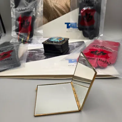 LOT 128: Two Silk Scarves Made in Italy in Original Packaging, Black Lacquer Trinket Box, Stratton Pill Box and Mirror Compact, and 4...