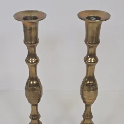 LOT 47: Southeast Asian Standing Metal Buddha Statue and Pair of Candlestick Holders