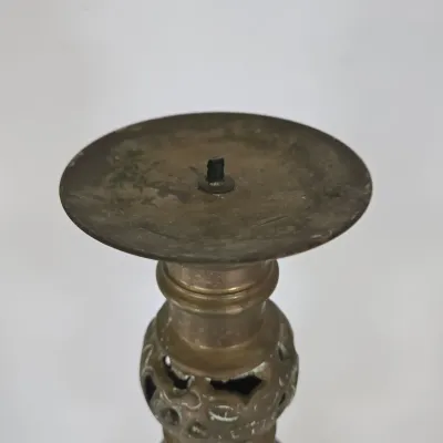 LOT 70: 2 Vintage Filigree Brass Candlestick Holders/ 33" & 17" and Baroque-style Brass Altar Candlestick/ 23"