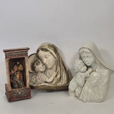 LOT 50: Holy Family Music Box Figurine, Vintage Mikasa Holiday Elegance Madonna and Child Porcelain Figurine, and Madonna and Child Wall...