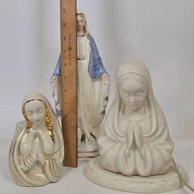LOT 49: Ceramic Madonna Planter Figurine, Praying Mary Lamp, and Our Lady of Grace Figurine
