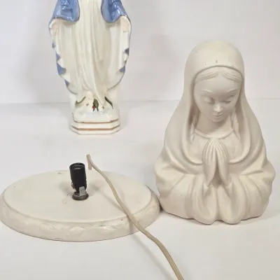 LOT 49: Ceramic Madonna Planter Figurine, Praying Mary Lamp, and Our Lady of Grace Figurine