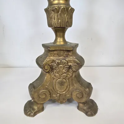 LOT 70: 2 Vintage Filigree Brass Candlestick Holders/ 33" & 17" and Baroque-style Brass Altar Candlestick/ 23"