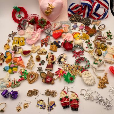 LOT 84: Big Lot of Holiday Pins, Earrings and More
