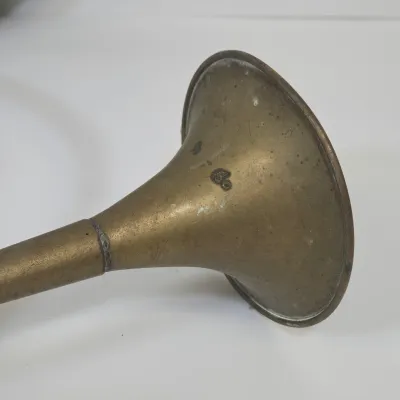 LOT 58: 2 Vintage Coiled Brass Hunting Horns and Fireplace Bellows Crafted from Wood and Brass