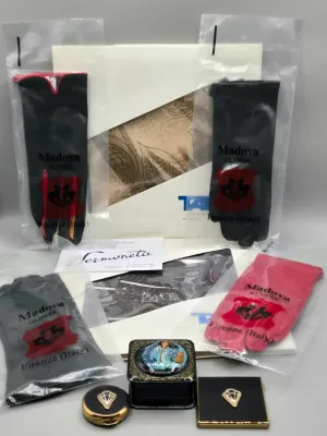 LOT 128: Two Silk Scarves Made in Italy in Original Packaging, Black Lacquer Trinket Box, Stratton Pill Box and Mirror Compact, and 4...