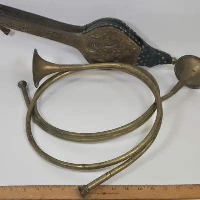 LOT 58: 2 Vintage Coiled Brass Hunting Horns and Fireplace Bellows Crafted from Wood and Brass