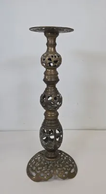 LOT 70: 2 Vintage Filigree Brass Candlestick Holders/ 33" & 17" and Baroque-style Brass Altar Candlestick/ 23"