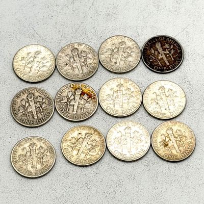 LOT 179: US Roosevelt Dimes ( 12 Coins) - 1950s, 60s - 90% Silver