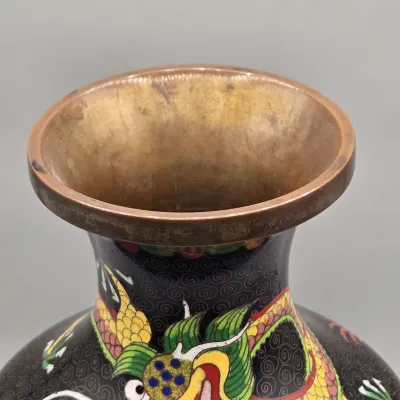 LOT 124: Vintage Chinese Cloisonne Enamel Vase on a Carved Wooden Display Stand