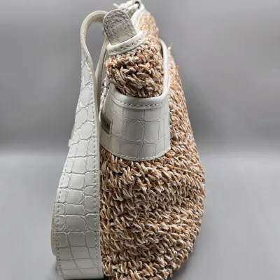 LOT 158: Brighton Woven Straw Shoulder Bag Featuring White Croc-embossed Leather Trim