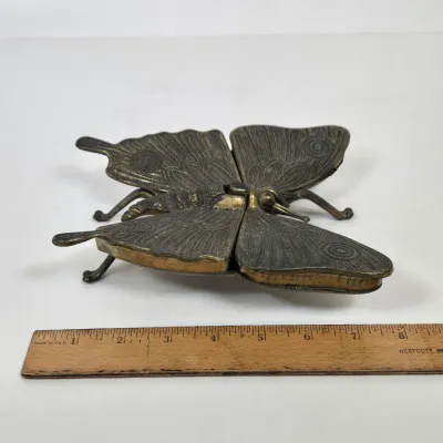 LOT 48: Vintage Mid-Century Italian Brass Butterfly Trinket Box and Brass Rabbit Figurine and Paperweight