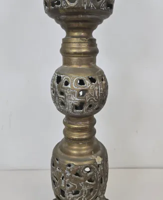 LOT 70: 2 Vintage Filigree Brass Candlestick Holders/ 33" & 17" and Baroque-style Brass Altar Candlestick/ 23"