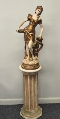 LOT 64: Vintage Figural Sculpture and Pedestal Stand in the Art Nouveau Style / Figurine is 27" Tall and Stand is 25" Tall