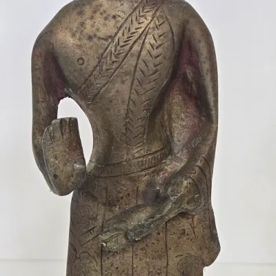 LOT 47: Southeast Asian Standing Metal Buddha Statue and Pair of Candlestick Holders