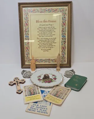 LOT 53: "Bless This House" Wall Art Print, Pair of Holy Water Fonts, Decorative Wall Plate Featuring Jesus Christ, Handcrafted...