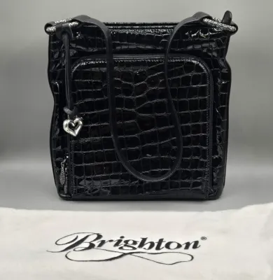 LOT 152: Black Patent Leather Crocodile-embossed Brighton Sonny Shoulder Bag