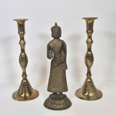 LOT 47: Southeast Asian Standing Metal Buddha Statue and Pair of Candlestick Holders