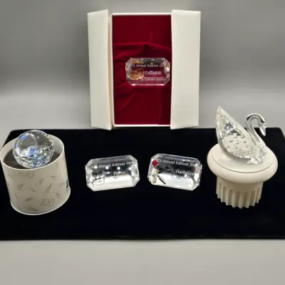 LOT 139: Vintage Swarovski SCS Crystal Ball Paperweight w/Original Box, 2000 Annual Edition Columbine Plaque in Original Box, Centenary...