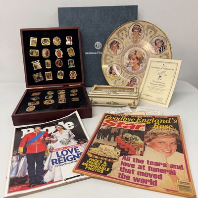 LOT 163: Princess Diana Memorabilia - Commemorative Plate - Pin Collection and More