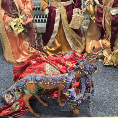 LOT 75: Vintage Dromedary Camel Figurines and Nativity Set Including 3 Kings, Mary, Joseph, Baby Jesus, and More
